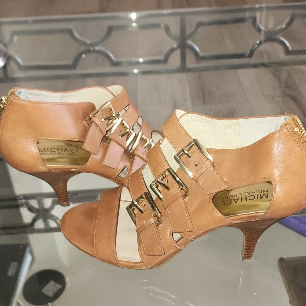 Michael Kors Cognac Brown Leather Triple-Buckle Heeled Sandals - Picture 5 of 5